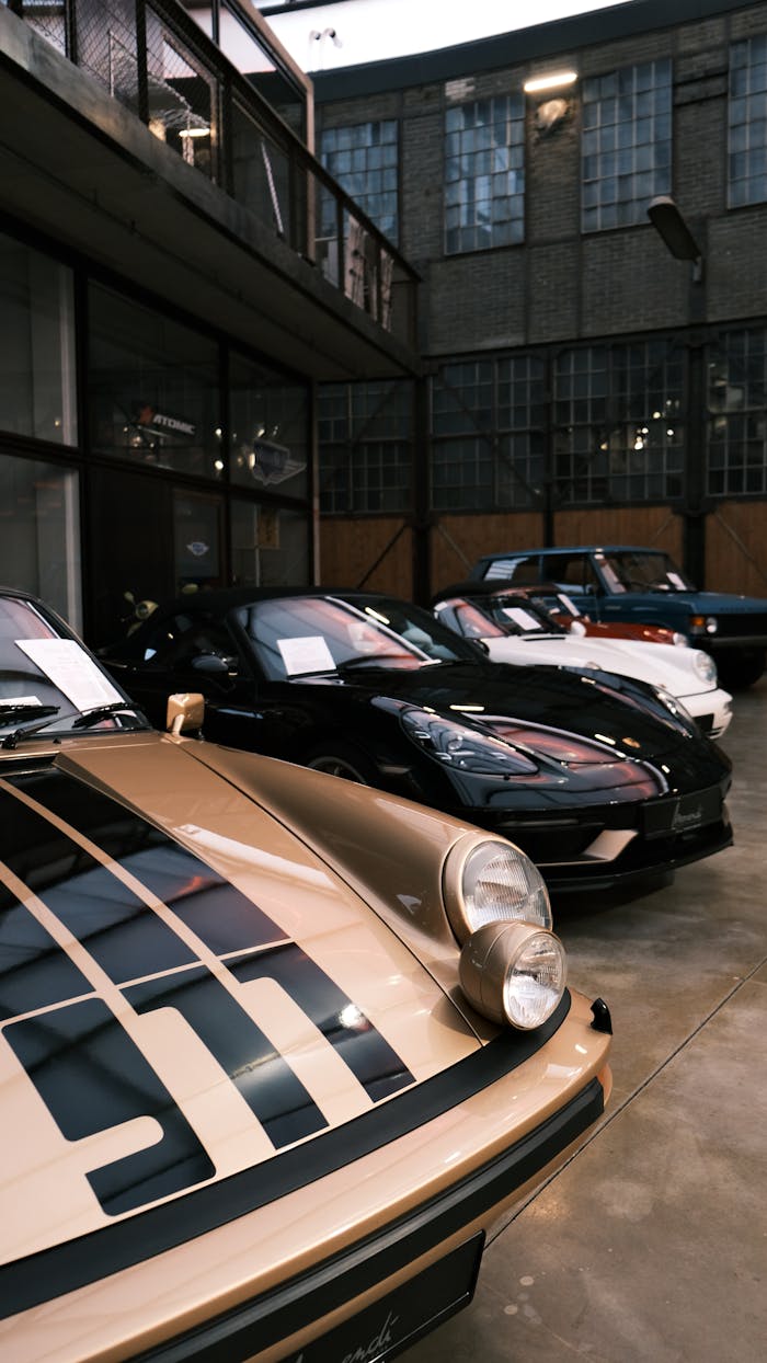 A collection of classic cars showcased indoors at a Düsseldorf showroom, Germany.