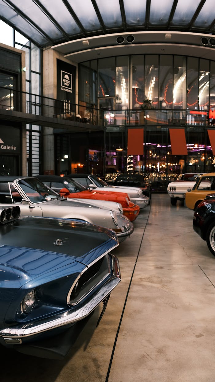 Elegant classic cars showcased indoors in Düsseldorf's vintage car gallery.
